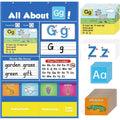 Large blue alphabet learning chart with letter cards, word cards, and picture cards arranged on its wipe-clean vinyl surface.