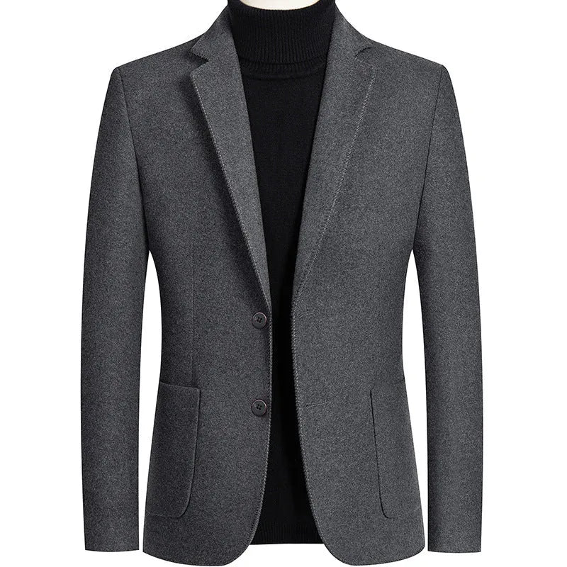 Men's slim fit wool suit jacket in grey on a hanger