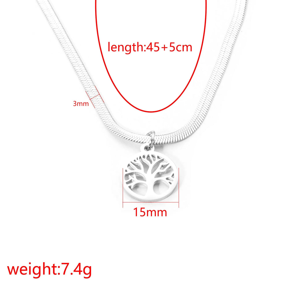 Stainless steel clavicle chain with tree pendant on snake bone chain in gold or steel colour.