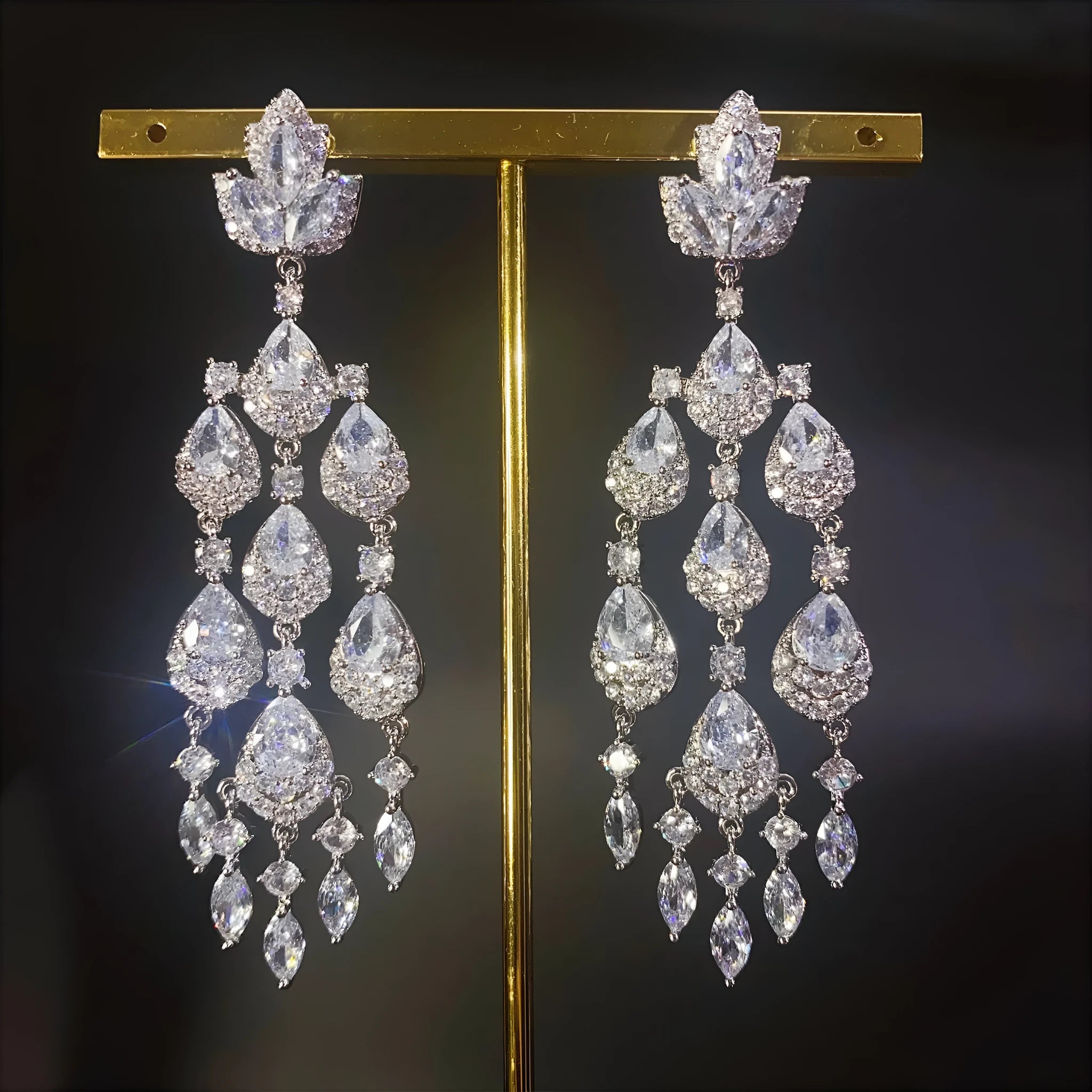 Water drop tassel long earrings with zircon flower and leaf design in heavy industry style, available in multiple colours