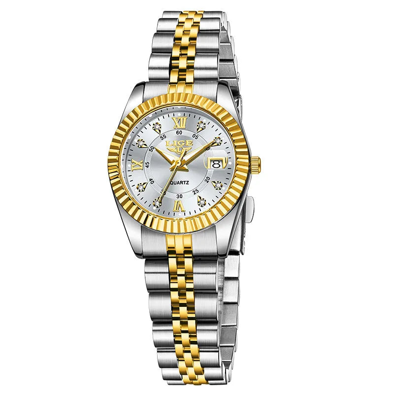Ladies waterproof quartz fashion watch in gold or silver with 10mm thickness