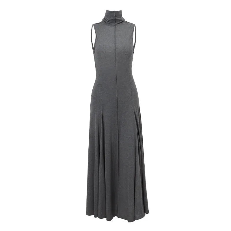 Grey slim-fit women's backless dress with half turtleneck and high waist