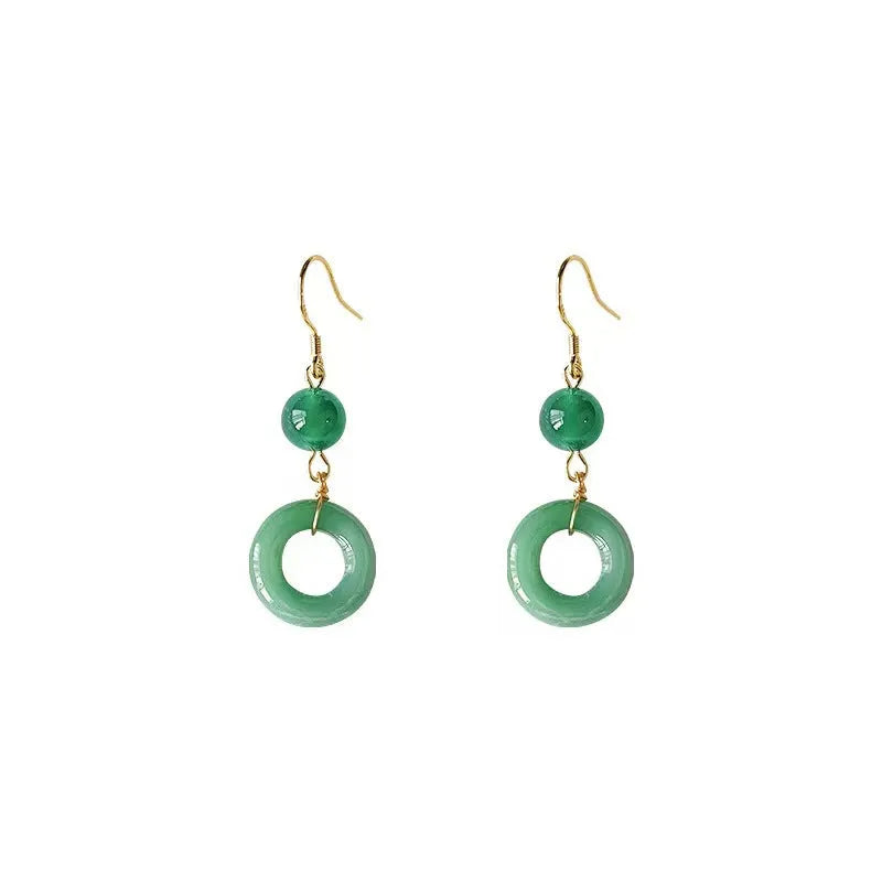 Pair of green Chinese style peace buckle geometric earrings with gold plating.