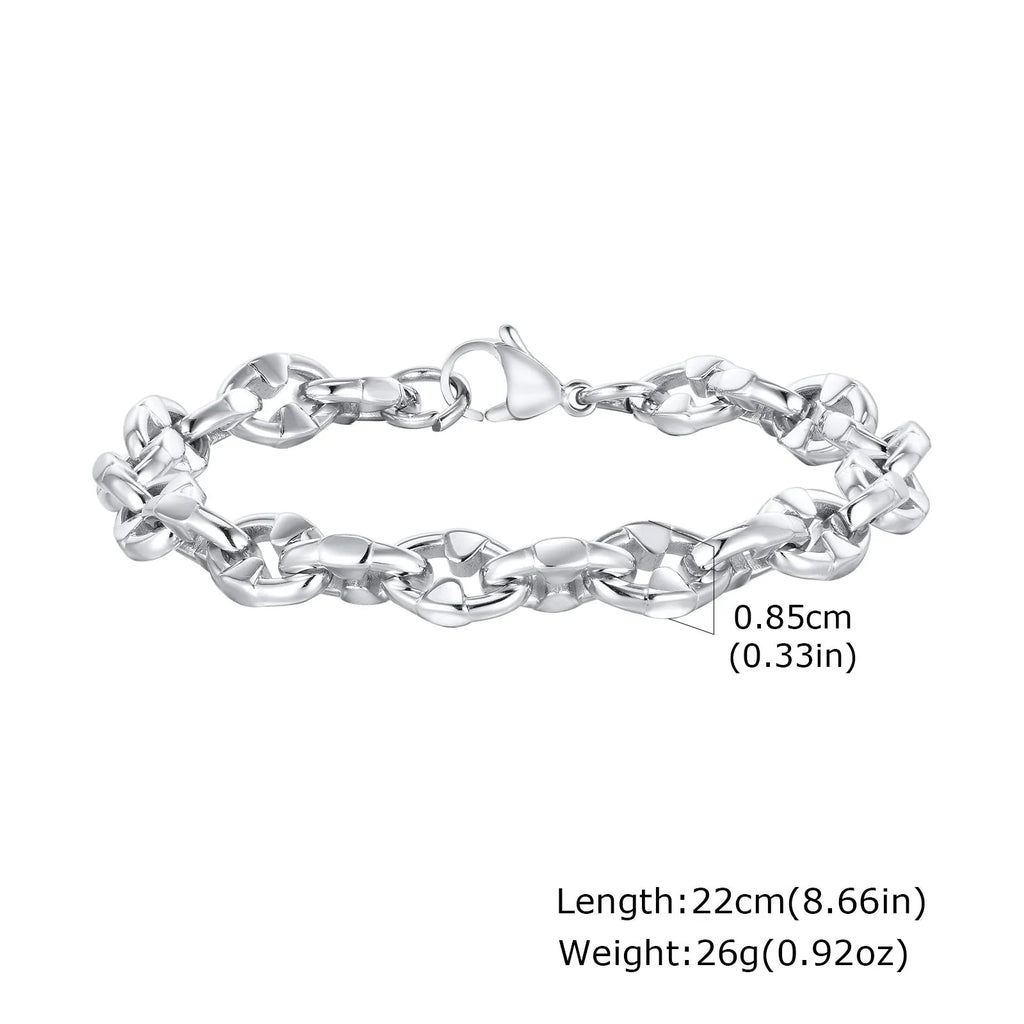 Stainless steel geometric thick chain bracelet with handmade links, steel colour finish