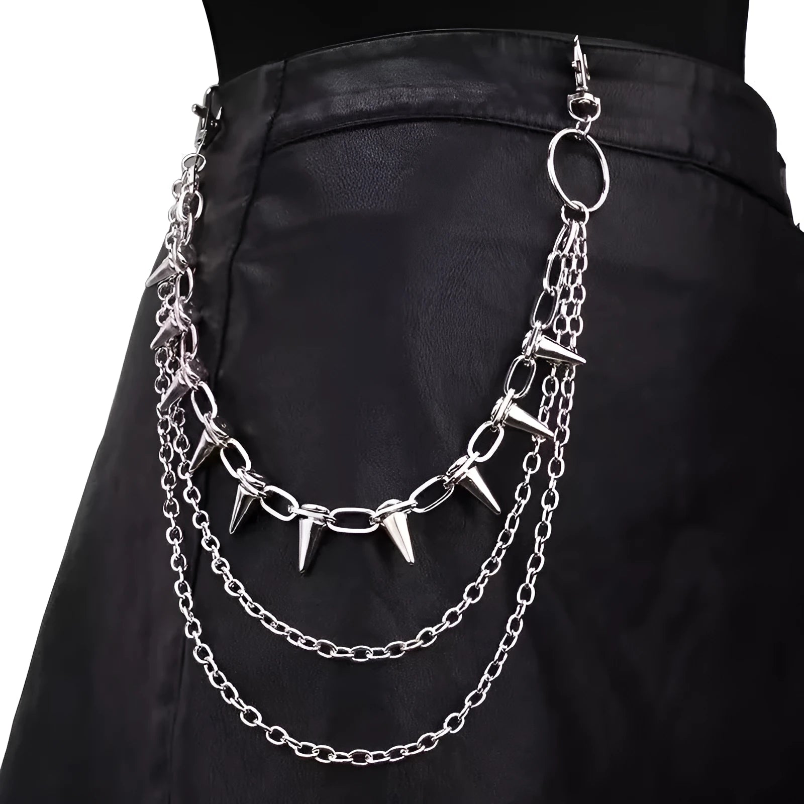Double layer silver metal trousers chain with rivet details for punk hip hop fashion