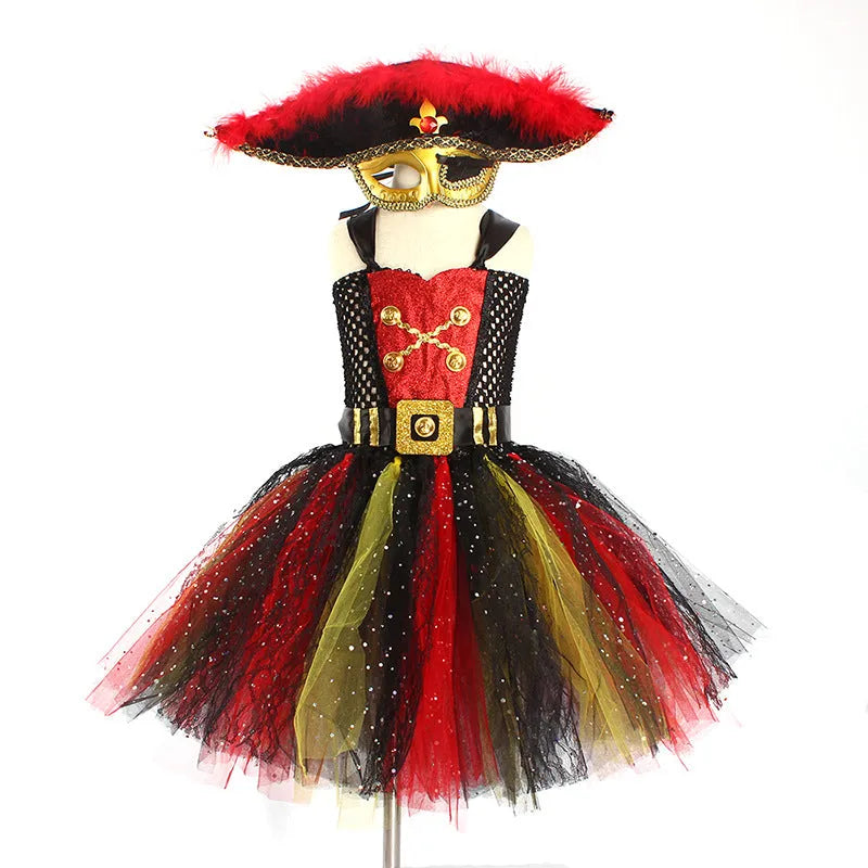 Girls pirate costume dress with black sequins, grey gauze mesh, and lace trim.