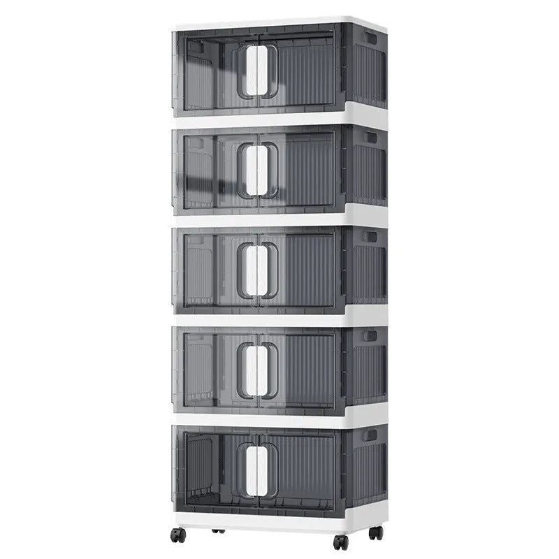 A white foldable storage locker with wheels and multiple shelves, shown in a home setting.