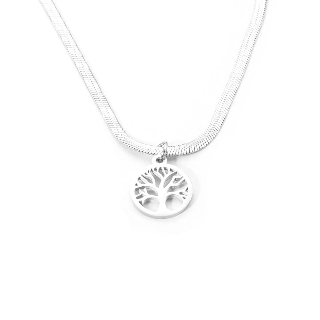 Stainless steel clavicle chain with tree pendant on snake bone chain in gold or steel colour.