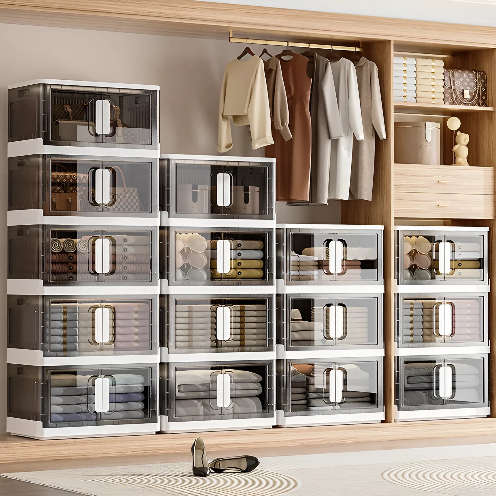 A white foldable storage locker with wheels and multiple shelves, shown in a home setting.