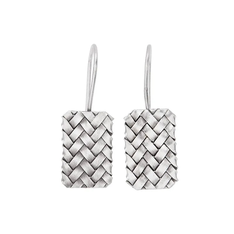 Silver diamond plaid woven geometric earrings rectangular 17.5mm by 11mm
