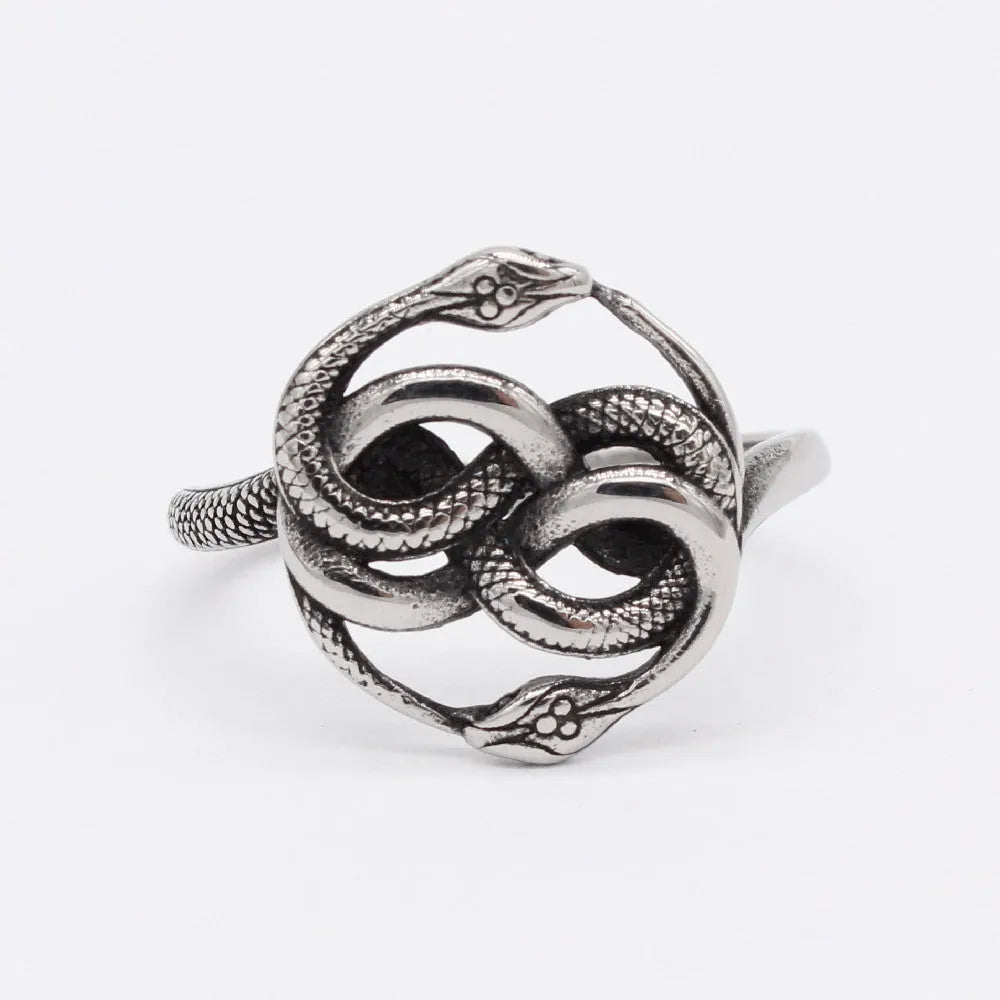 Titanium steel double snake ring in retro style with steel colour finish