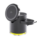 Black magnetic folding three-in-one wireless charger for mobile phone, smartwatch and earbuds showing folded and unfolded positions