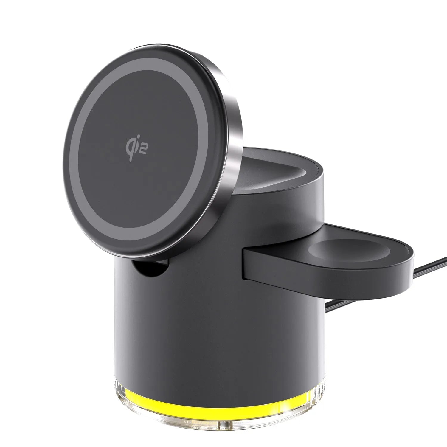 Black magnetic folding three-in-one wireless charger for mobile phone, smartwatch and earbuds showing folded and unfolded positions