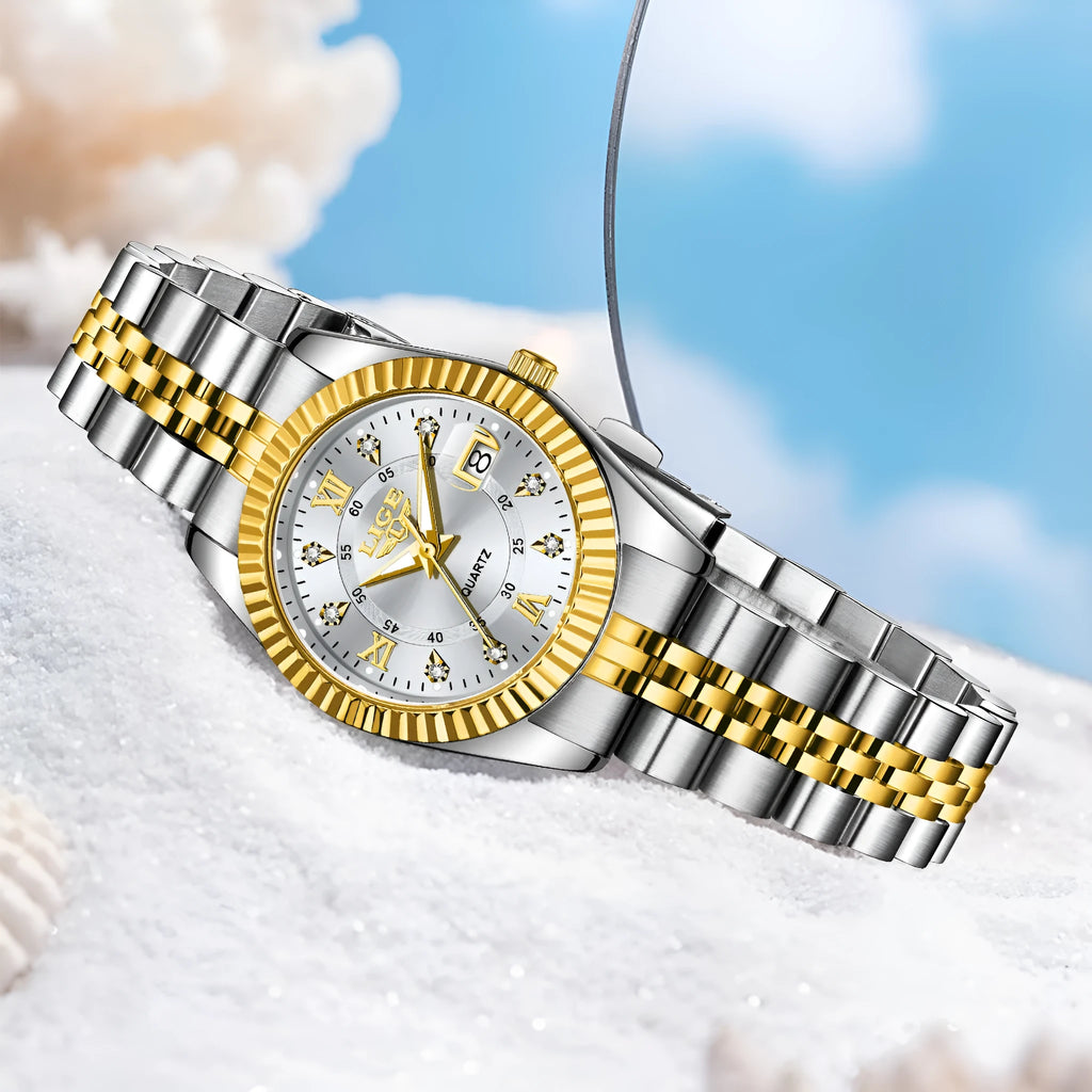 Ladies waterproof quartz fashion watch in gold or silver with 10mm thickness