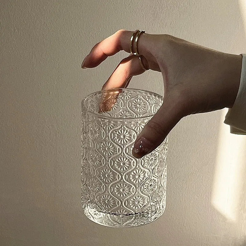 Begonia carved pattern clear glass water cup in 250ml short and 360ml high versions