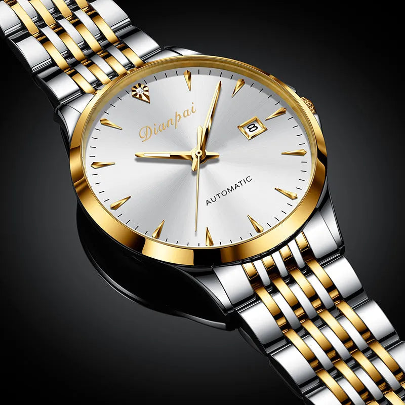 Men's stainless steel automatic watch with a simple white dial on wrist.