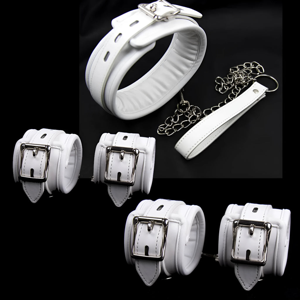 White PU sponge bondage set showing ankle bracelet, handcuffs, footcuffs, and a neck scarf.