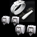 White PU sponge bondage set showing ankle bracelet, handcuffs, footcuffs, and a neck scarf.