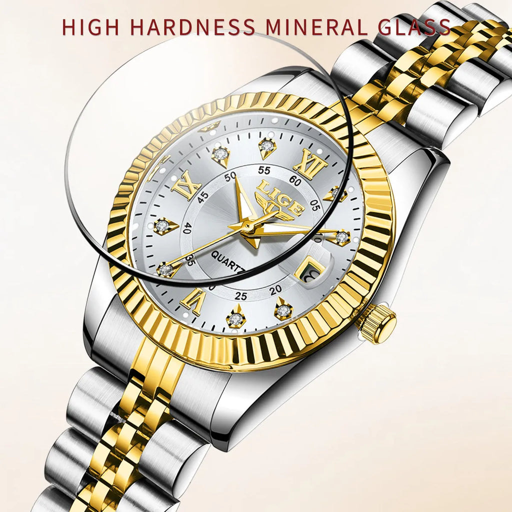 Ladies waterproof quartz fashion watch in gold or silver with 10mm thickness
