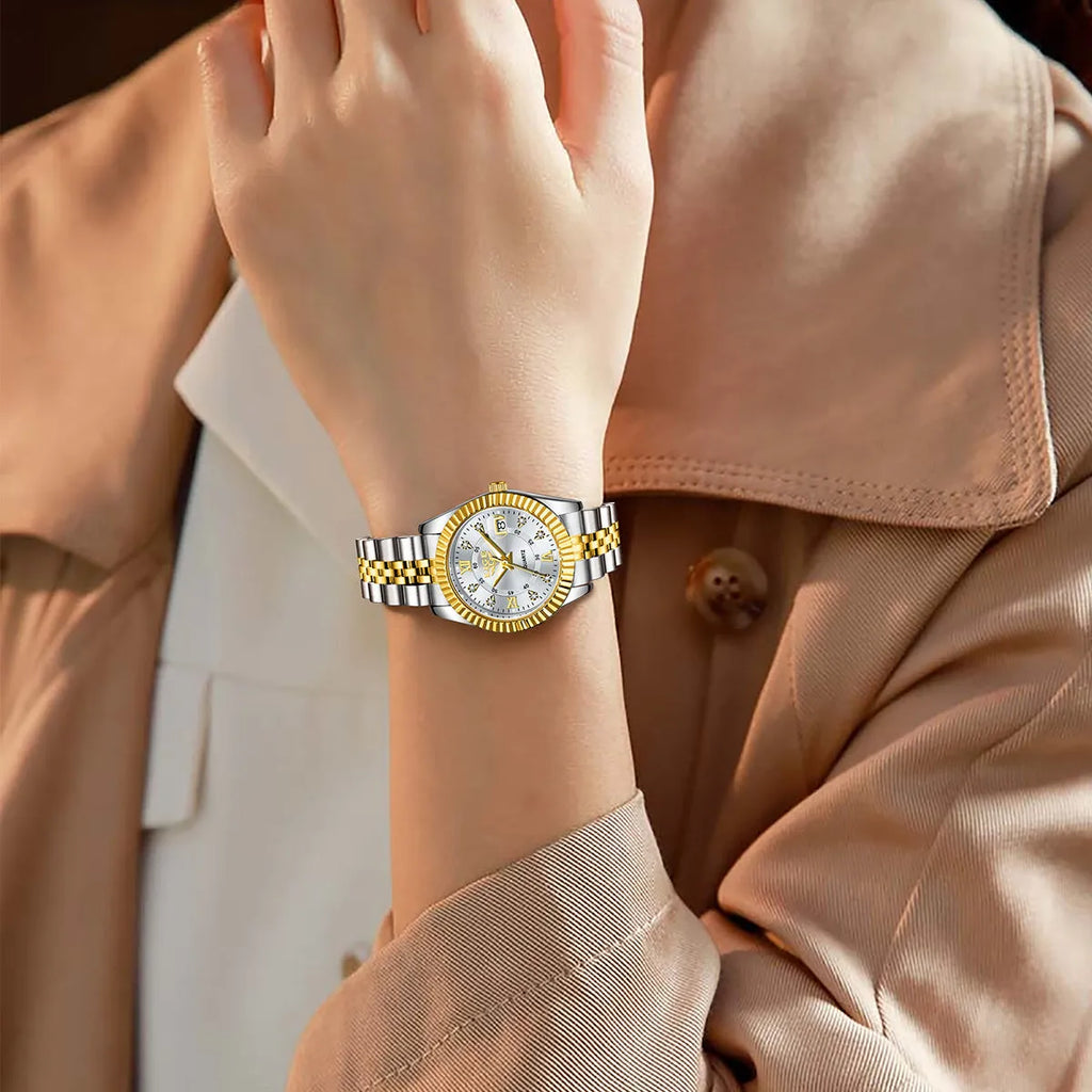 Ladies waterproof quartz fashion watch in gold or silver with 10mm thickness