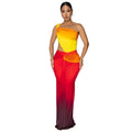 Women's long sleeveless dress with cross-shoulder neckline in a green gradient colour pattern.