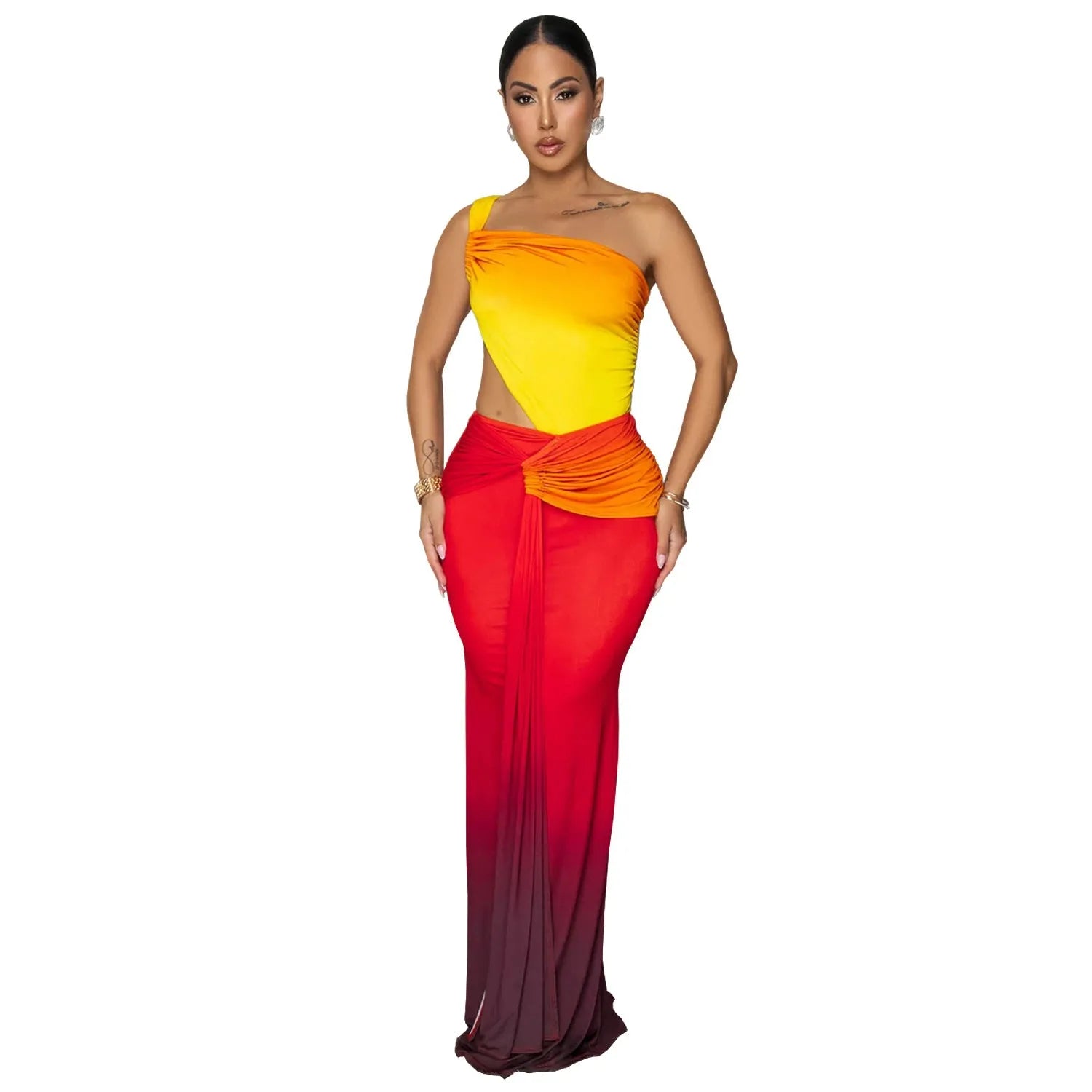 Women's long sleeveless dress with cross-shoulder neckline in a green gradient colour pattern.