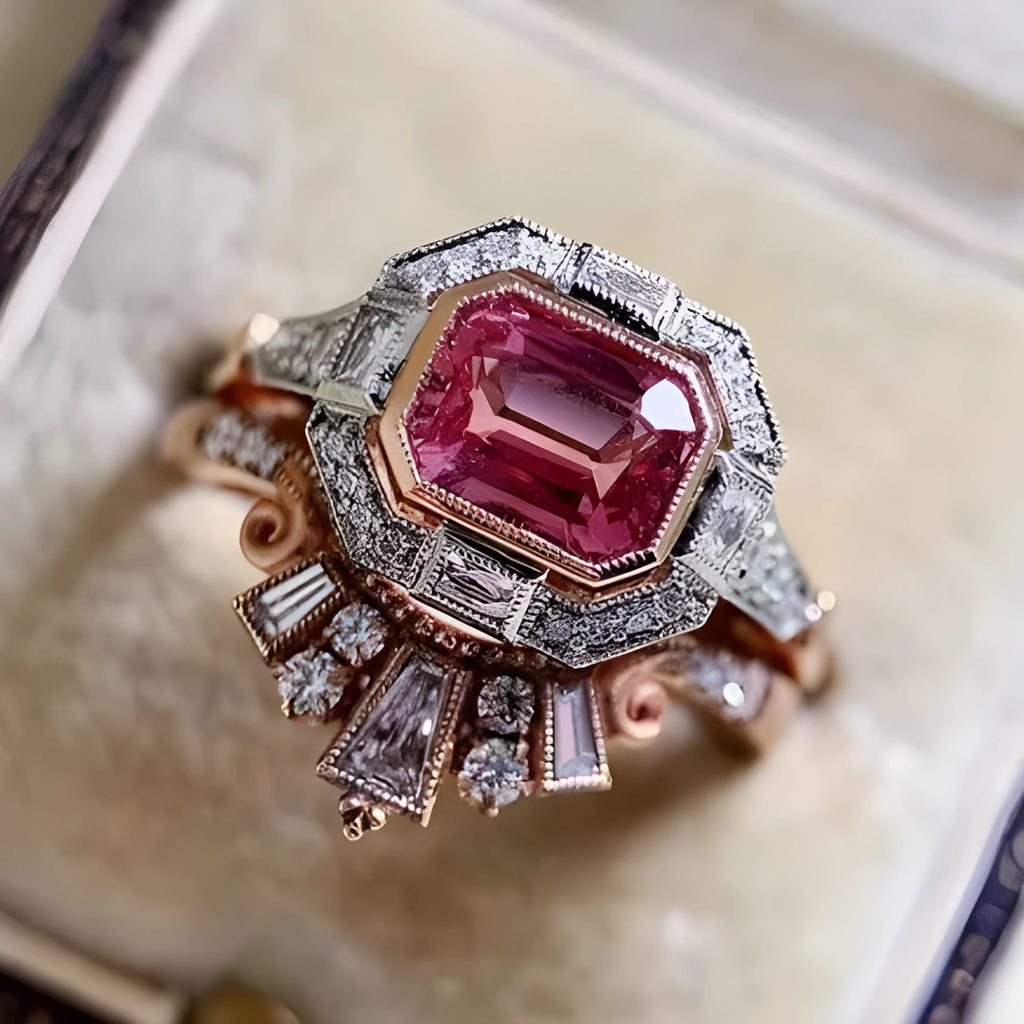 Rose gold geometric ruby women's ring with European retro styling on finger