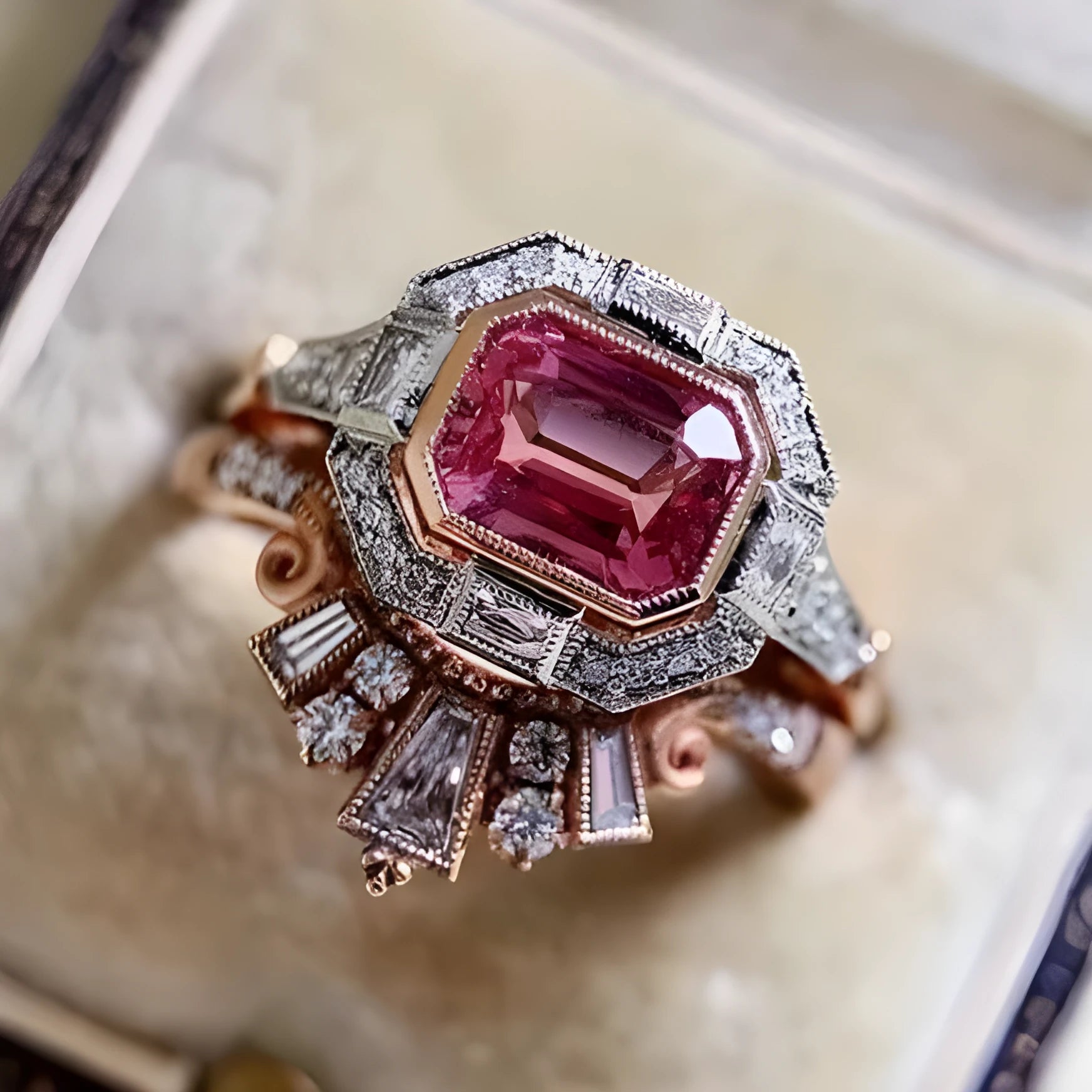 Rose gold geometric ruby women's ring with European retro styling on finger