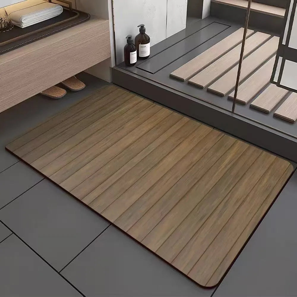 Square American wood grain patterned diatom ooze bathroom floor mat with non-slip backing.