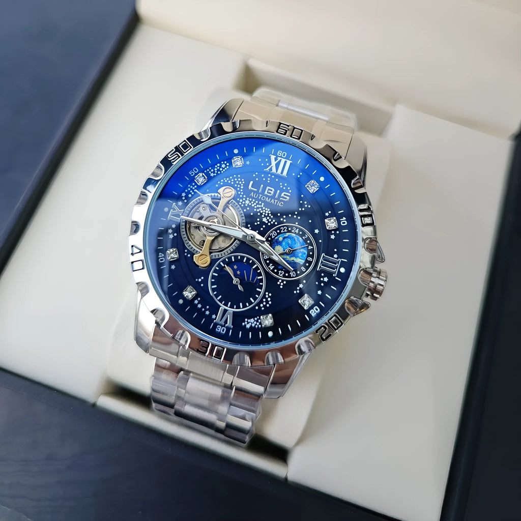 Men's silver stainless steel automatic watch with black starry dial and luminous hands on a genuine leather strap.
