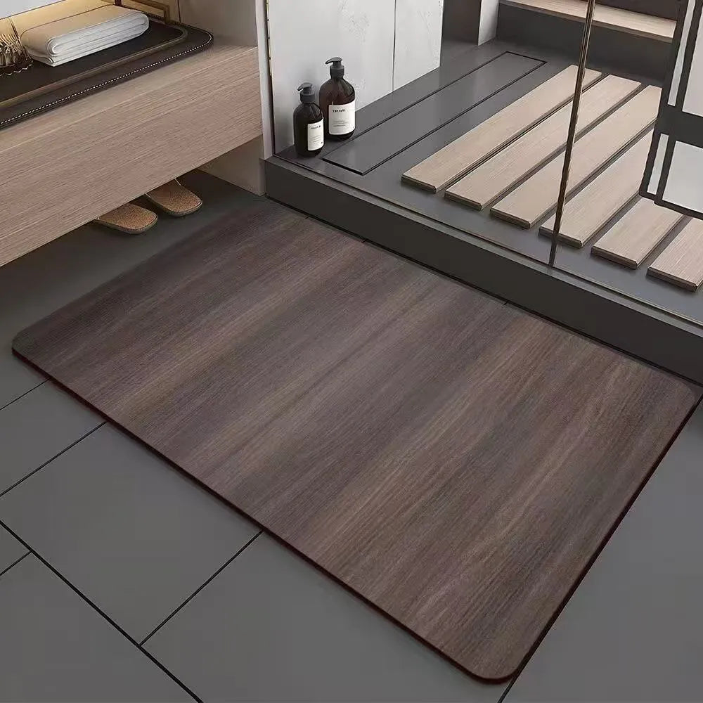Square American wood grain patterned diatom ooze bathroom floor mat with non-slip backing.
