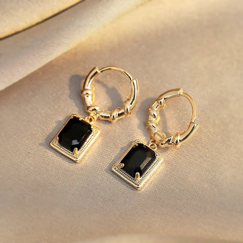 Geometric quadrilateral black zircon copper earrings with French court retro styling