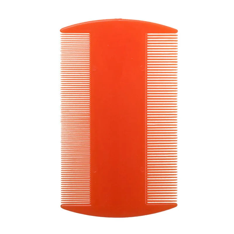 Plastic double-sided fine tooth flea comb on white background showing two combing edges.