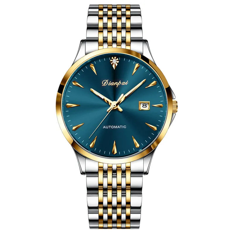 Men's stainless steel automatic watch with a simple white dial on wrist.