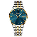 Men's stainless steel automatic watch with a simple white dial on wrist.