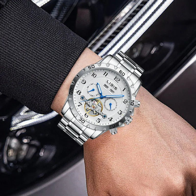Silver men's automatic perpetual calendar mechanical watch with stainless steel strap