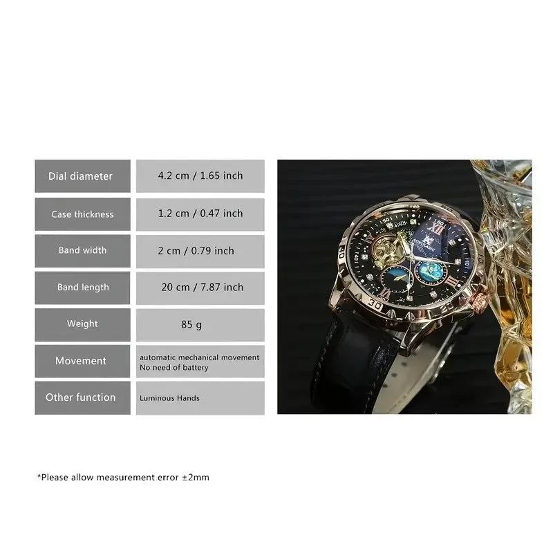Men's black and rose gold automatic skeleton watch on leather strap.