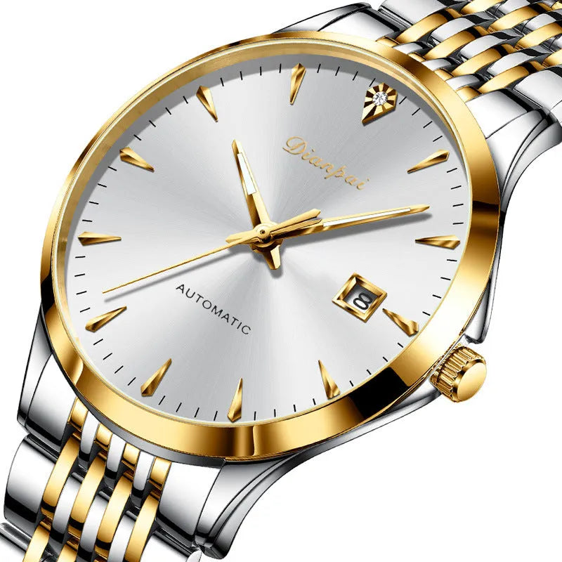 Men's stainless steel automatic watch with a simple white dial on wrist.