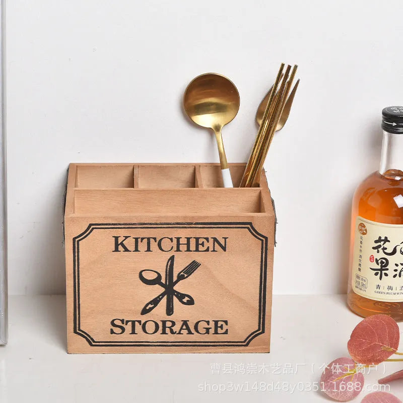 Wooden kitchen storage box with divider grid for knives forks chopsticks