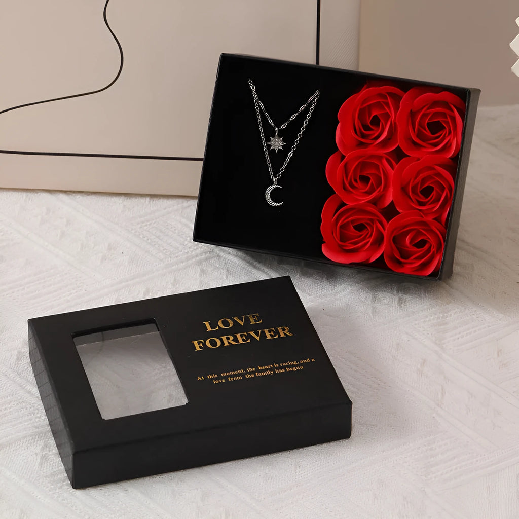 Red soap flower gift box set with six roses and a handbag for Valentine's Day.