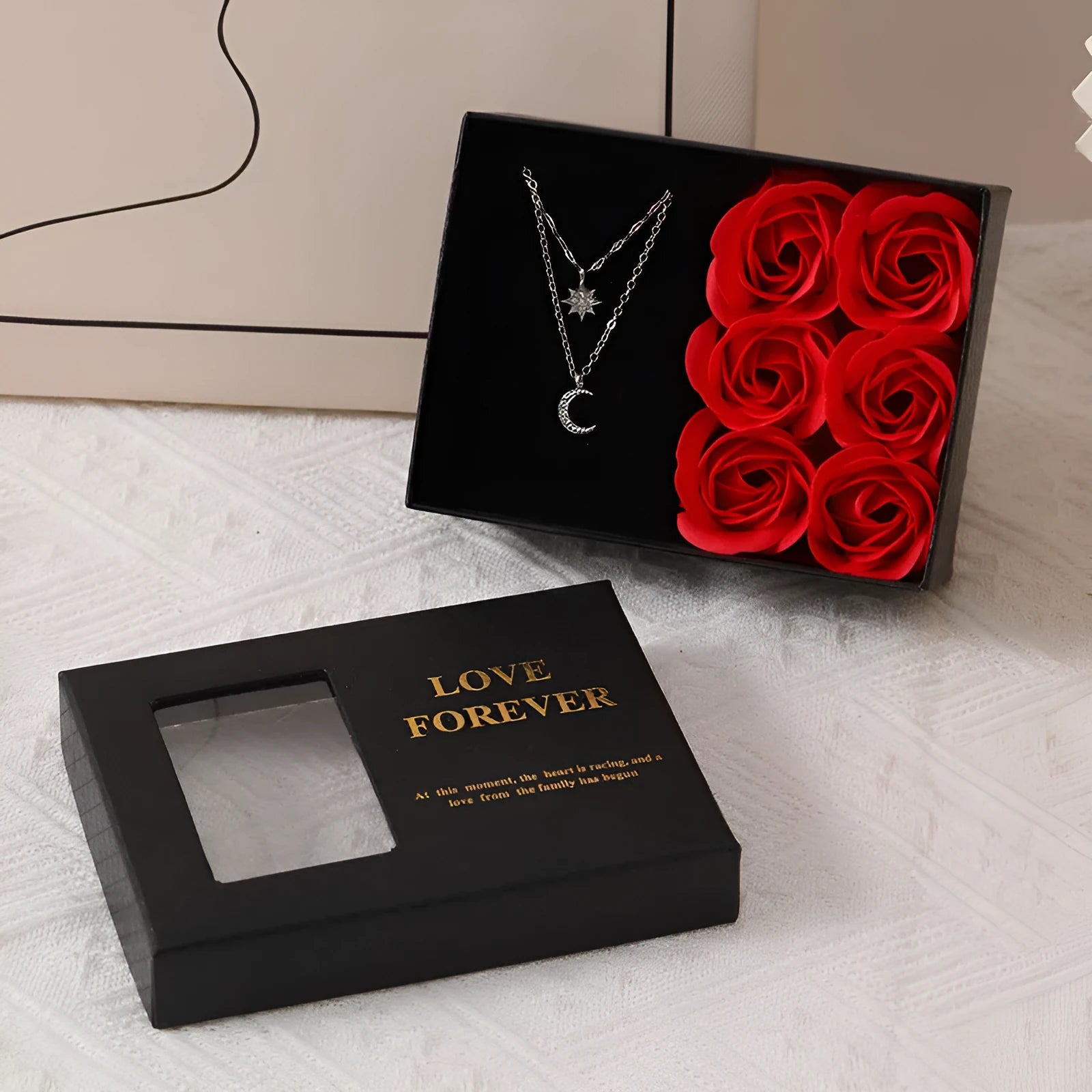 Red soap flower gift box set with six roses and a handbag for Valentine's Day.