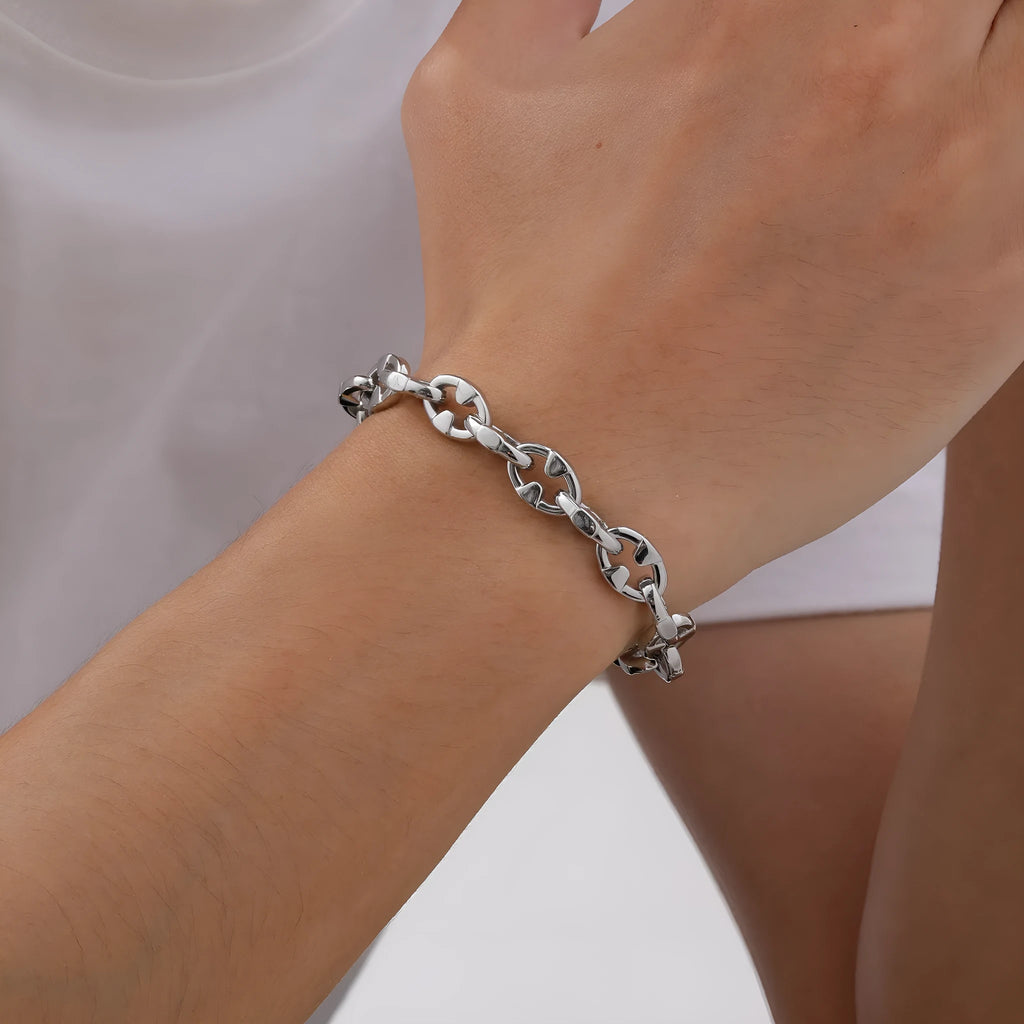 Stainless steel geometric thick chain bracelet with handmade links, steel colour finish