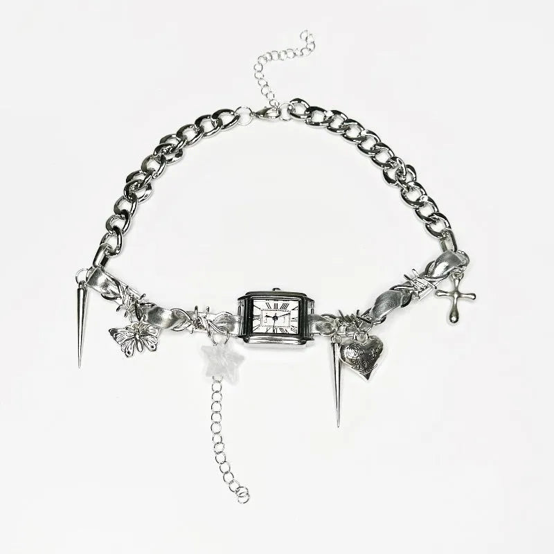 Dark multi-layer cross necklace with twin clavicle chains and hemp flower design on alloy chain