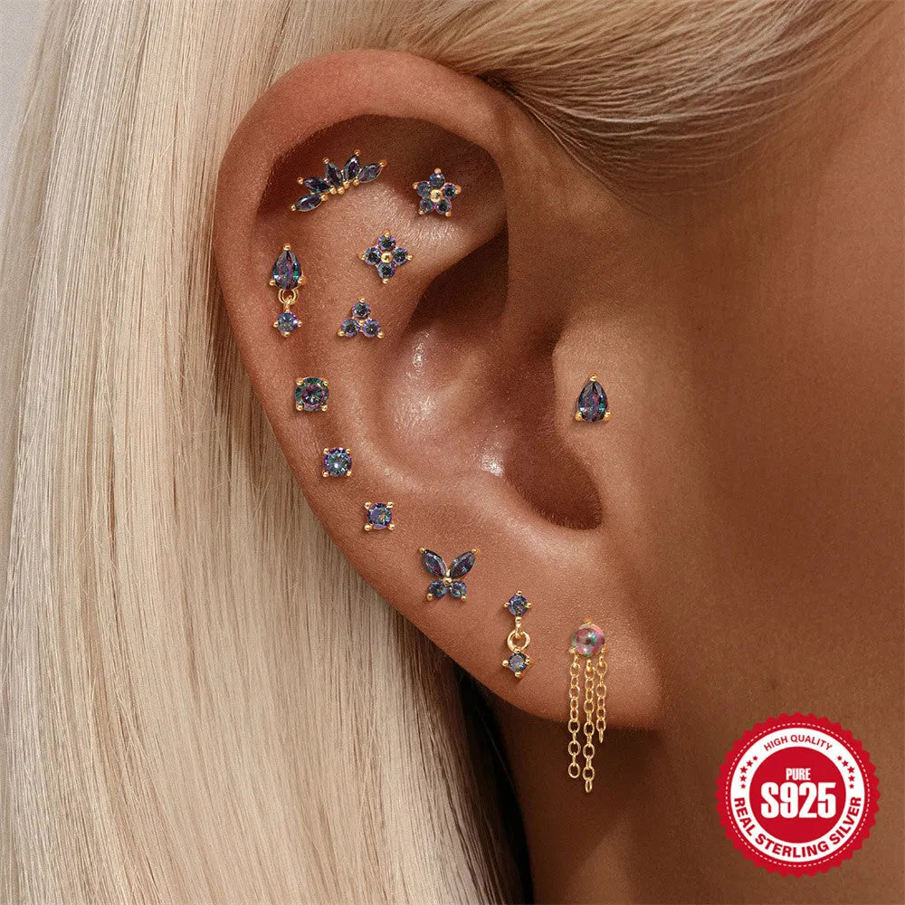 S925 sterling silver flat head thread piercing with rainbow stone in gold colour options