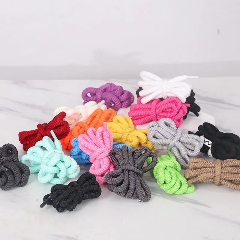Set of elastic oval polyester shoelaces in multiple colours showing 1.0cm width and length options from 120cm to 160cm