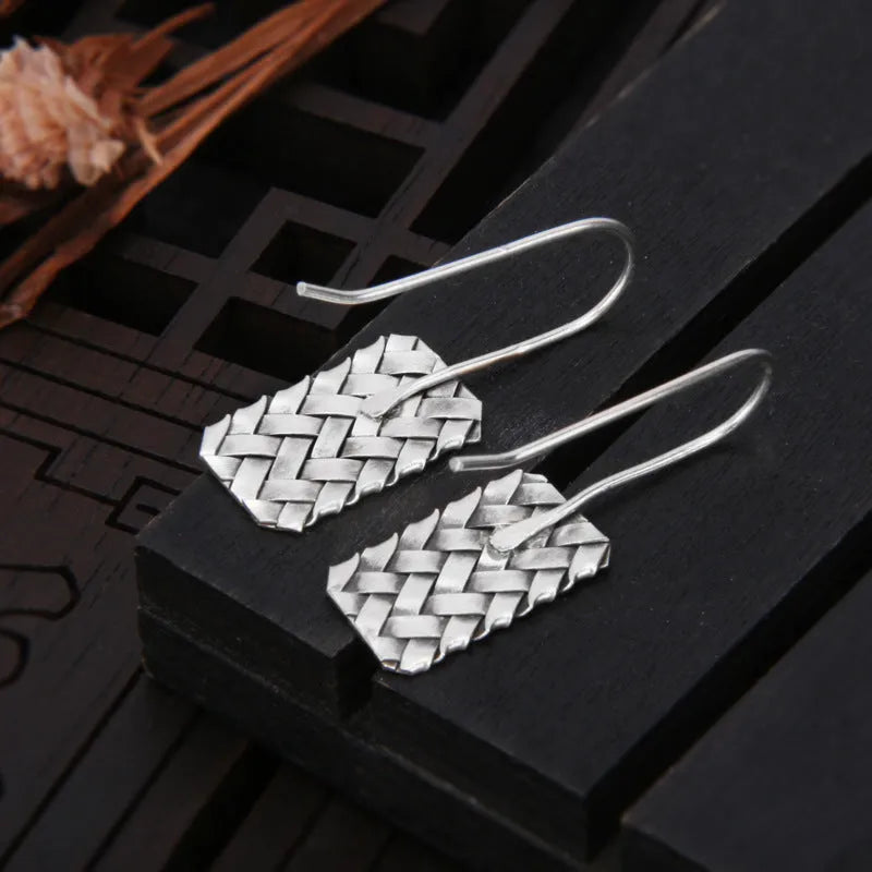 Silver diamond plaid woven geometric earrings rectangular 17.5mm by 11mm