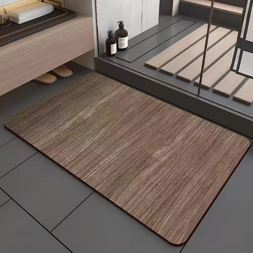 Square American wood grain patterned diatom ooze bathroom floor mat with non-slip backing.