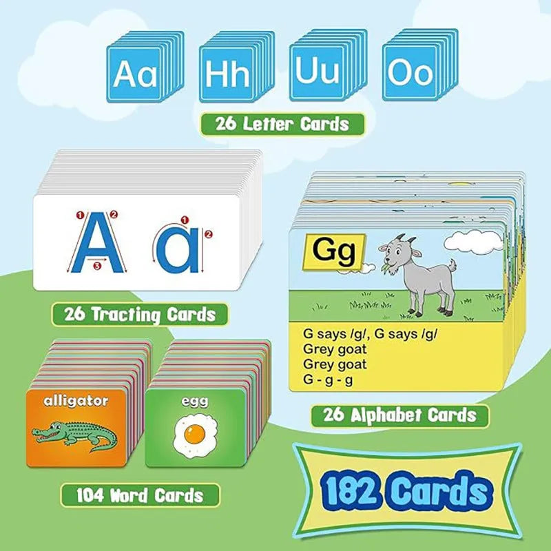 Large blue alphabet learning chart with letter cards, word cards, and picture cards arranged on its wipe-clean vinyl surface.