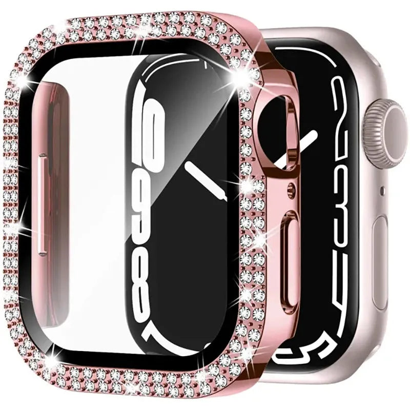Apple Watch protective case with Double Diamond Glass screen protector in rose gold colour for a 44mm model.