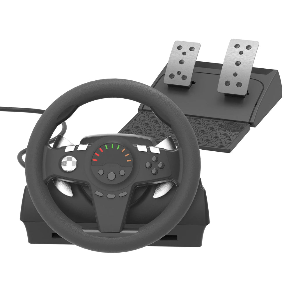 Black multi-platform steering wheel game controller with two pedals and manual mounting bracket